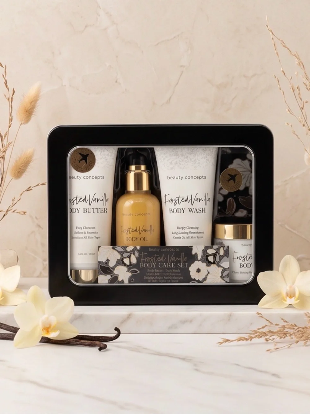 Beauty Concepts Frosted Vanilla 4-Piece Body Care Set Travel Tin NIB 3.4oz Each